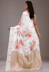 White Floral Digital Print Mashru Silk Saree with Blouse Piece - Adi Akshoy & Co.