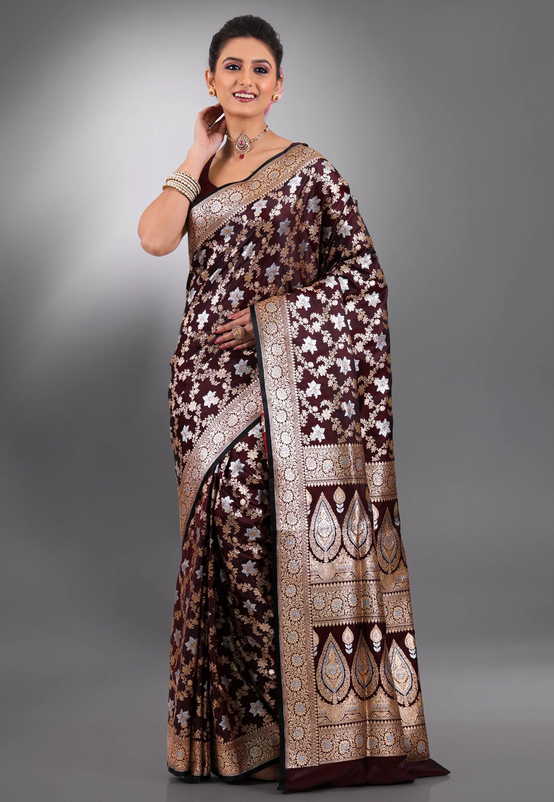 Maroon with Zari work Wedding Banarasi Saree with Blouse Piece - Adi Akshoy & Co.
