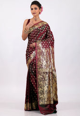 Wine Colour with Golden Zari work Wedding Banarasi Saree with Blouse Piece - Adi Akshoy & Co.