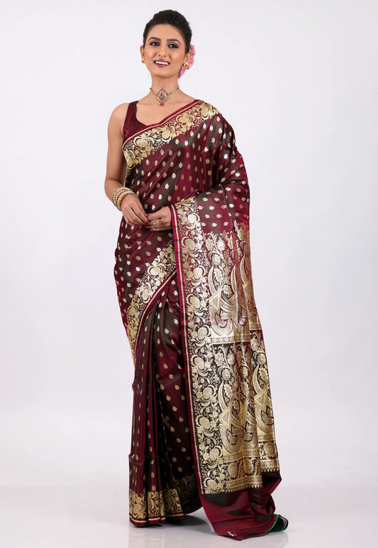 Wine Colour with Golden Zari work Wedding Banarasi Saree with Blouse Piece - Adi Akshoy & Co.