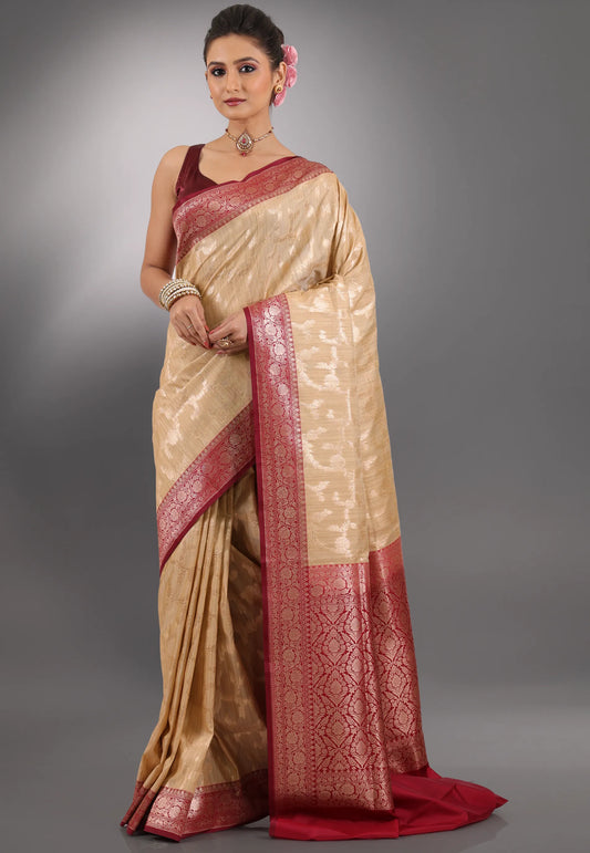 Beige with Magenta Border Tussar Silk Saree with Blouse Piece - Adi Akshoy & Co.