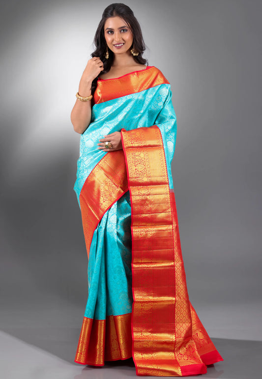 Feroza Blue with Red Border Pure Kanjivaram Silk Saree With Blouse Piece - Adi Akshoy & Co.