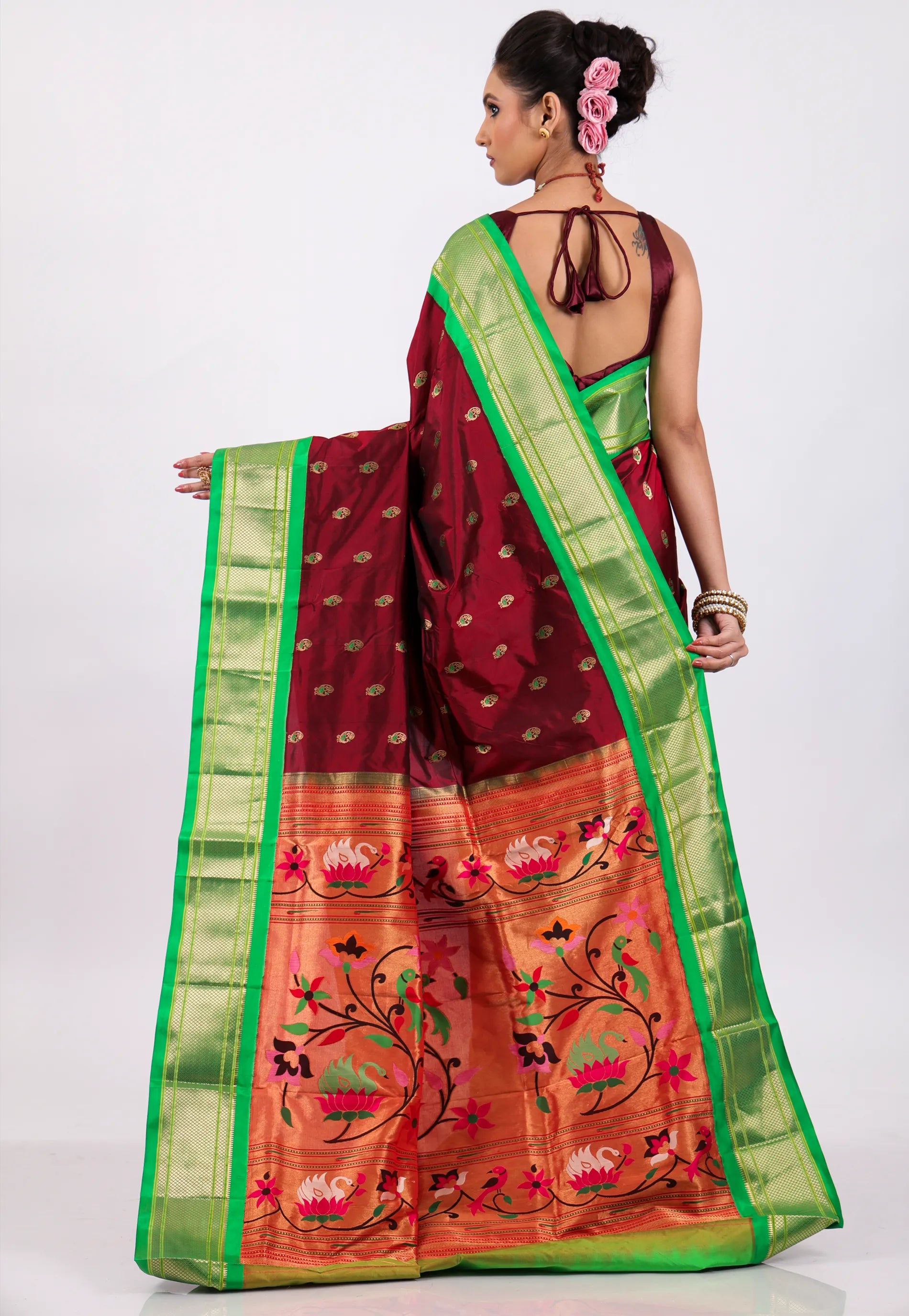 Maroon with Green Border Pure Paithani Silk Saree With Blouse Piece - Adi Akshoy & Co.