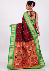 Maroon with Green Border Pure Paithani Silk Saree With Blouse Piece - Adi Akshoy & Co.