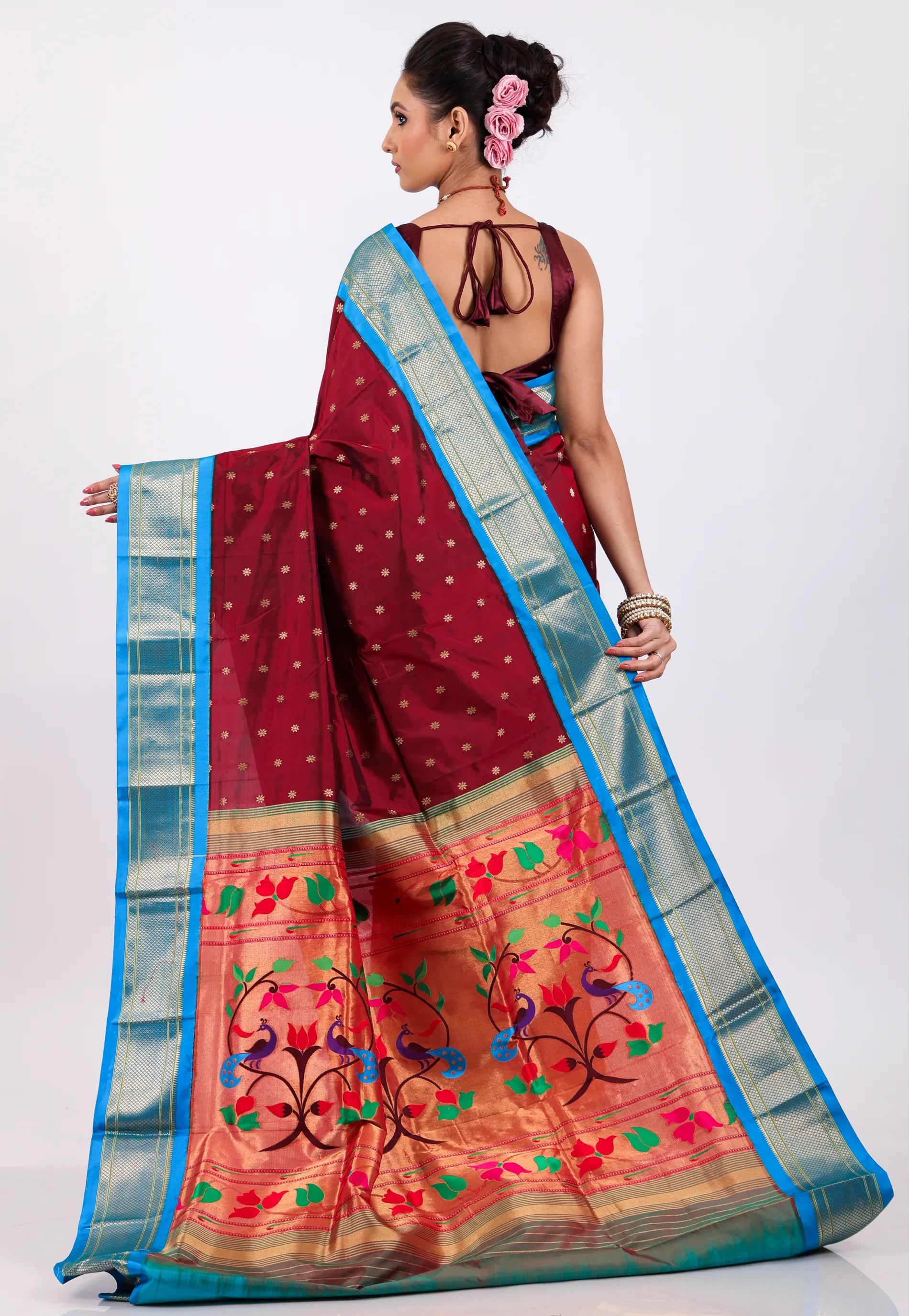 Maroon with Blue Border Pure Paithani Silk Saree With Blouse Piece - Adi Akshoy & Co.
