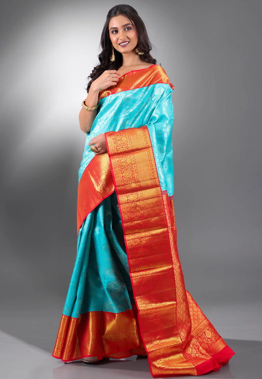 Feroza Blue with Red Border Pure Kanjivaram Silk Saree With Blouse Piece - Adi Akshoy & Co.