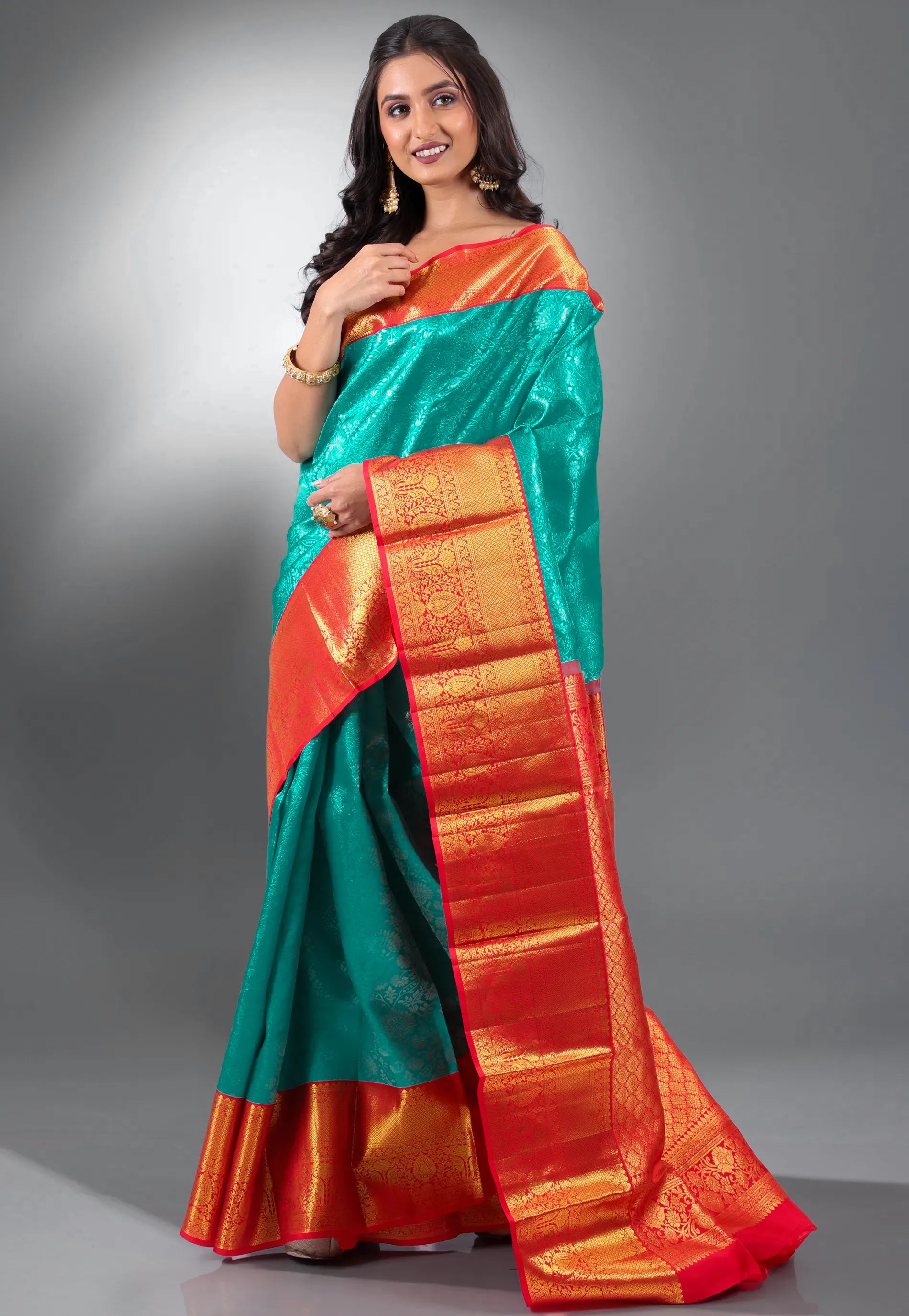 Ramma Green with Red Border Pure Kanjivaram Silk Saree With Blouse Piece - Adi Akshoy & Co.