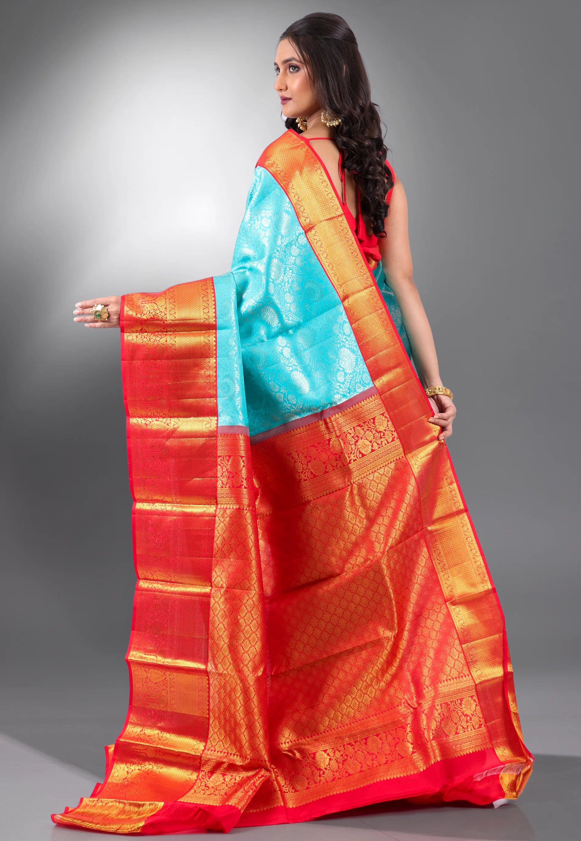 Feroza Blue with Red Border Pure Kanjivaram Silk Saree With Blouse Piece - Adi Akshoy & Co.
