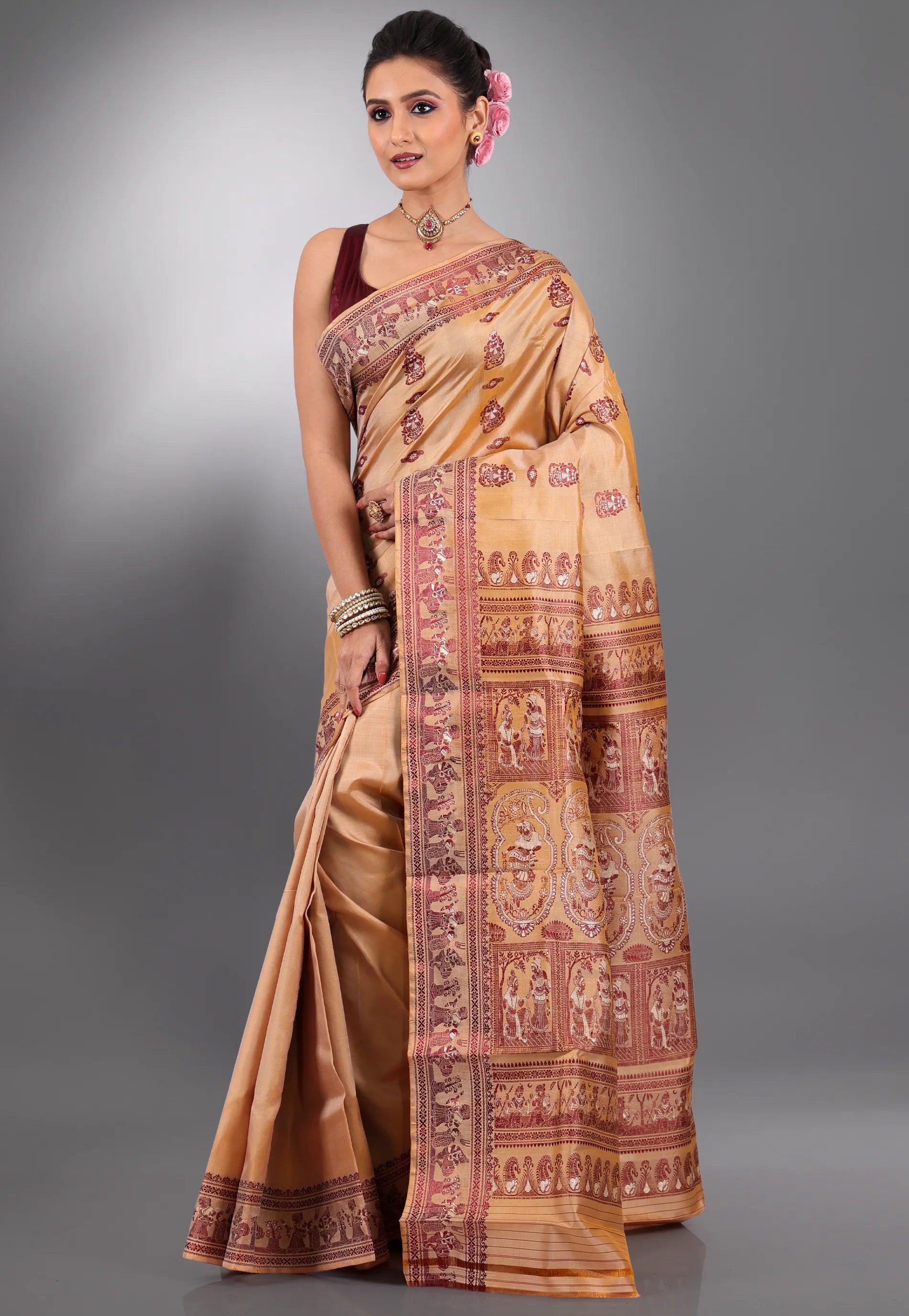 Beige Pure Baluchari Silk Saree with Blouse Piece - Adi Akshoy & Co.