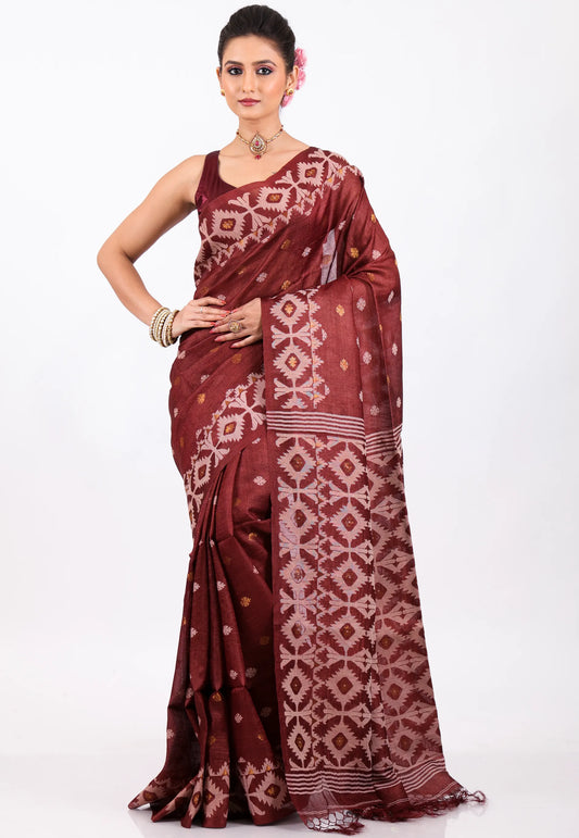 Deep Maroon Pure Tussar Dhakai Jamdani Saree with Blouse Piece - Adi Akshoy & Co.