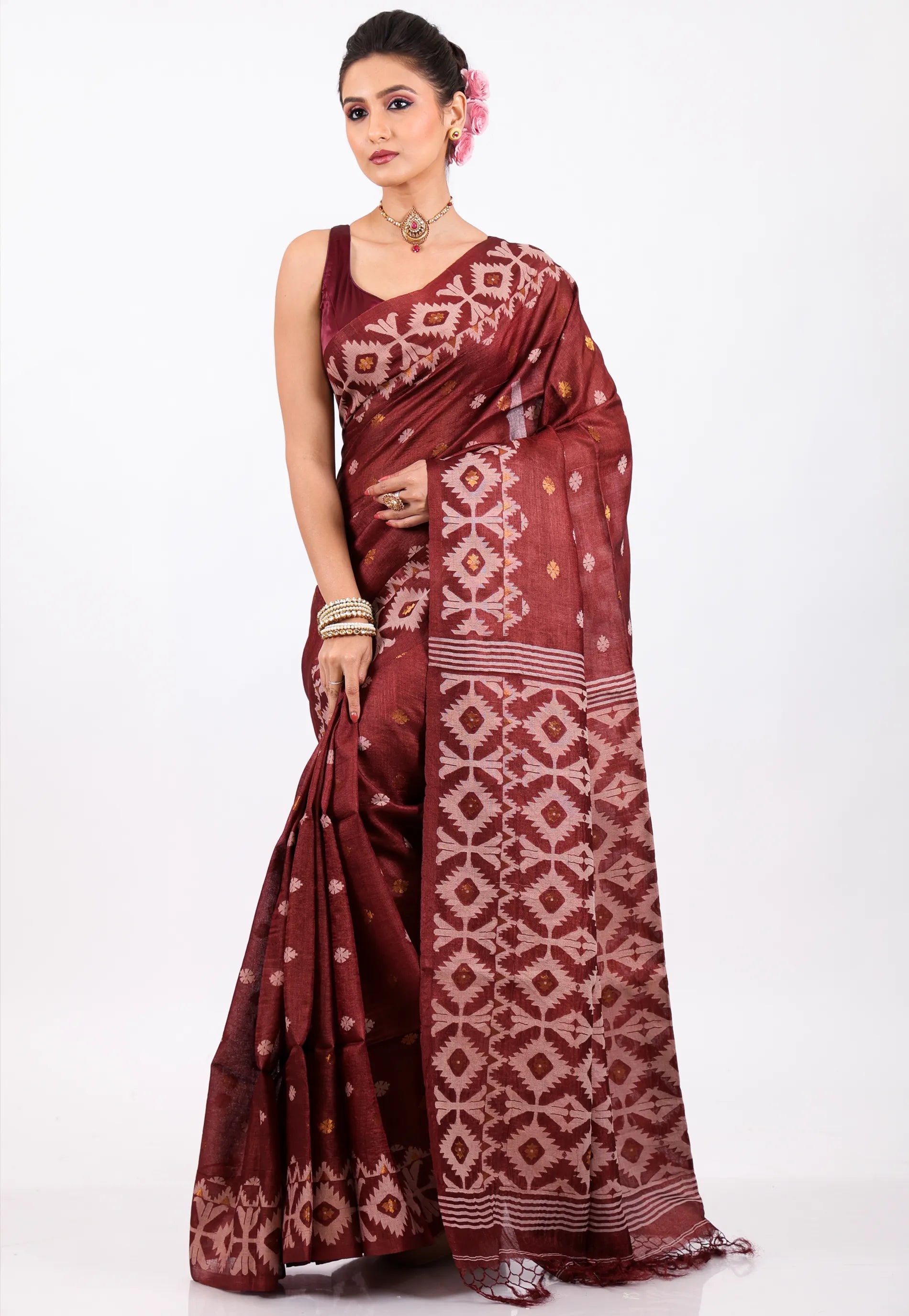 Deep Maroon Pure Tussar Dhakai Jamdani Saree with Blouse Piece - Adi Akshoy & Co.