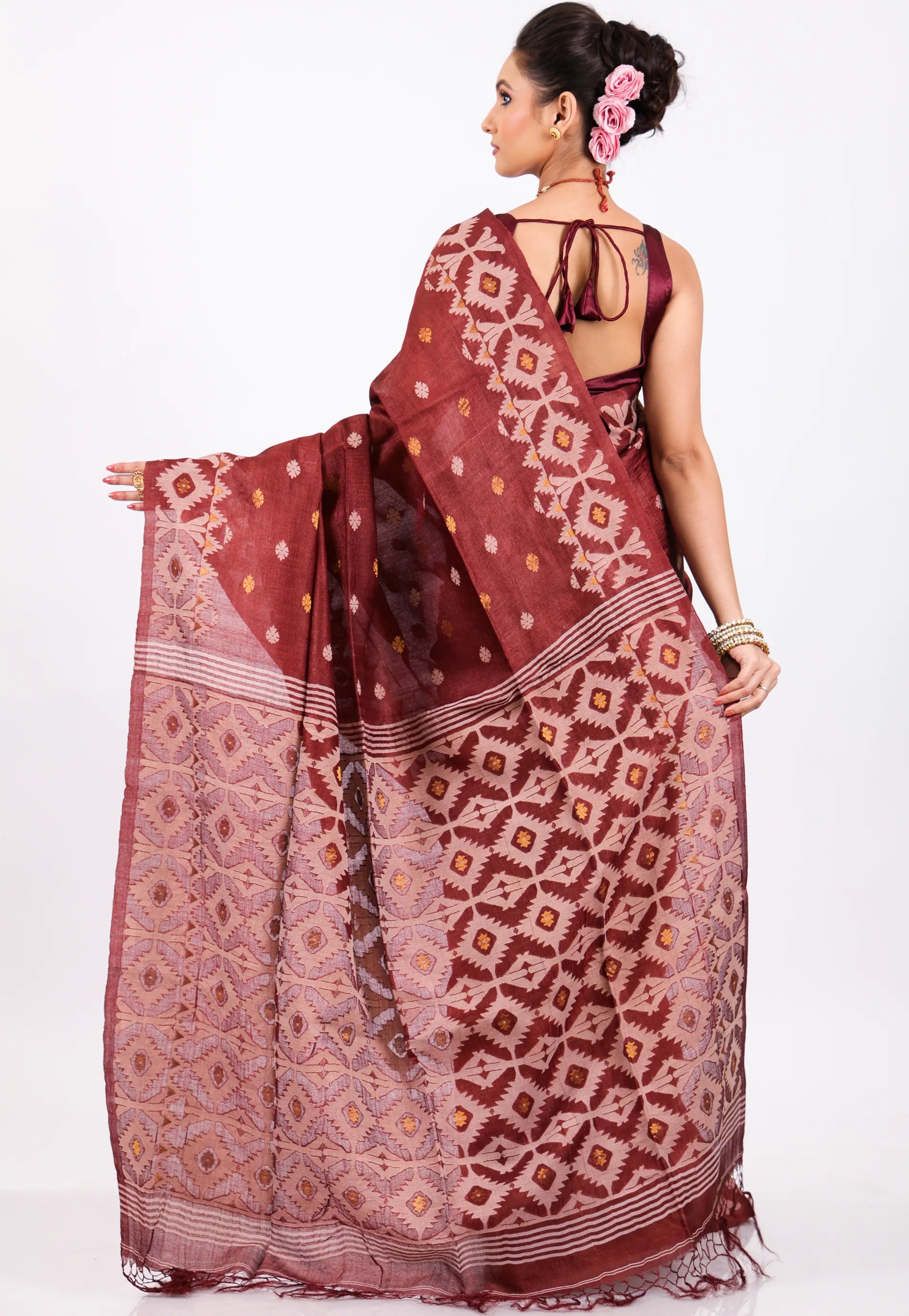Deep Maroon Pure Tussar Dhakai Jamdani Saree with Blouse Piece - Adi Akshoy & Co.