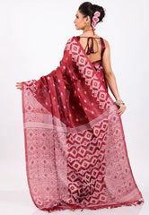 Light Maroon Pure Tussar Dhakai Jamdani Saree with Blouse Piece - Adi Akshoy & Co.