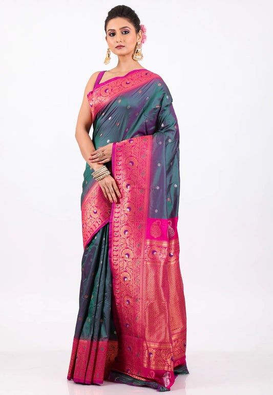 Cross Green Kanjivaram Silk Saree With Blouse Piece - Adi Akshoy & Co.