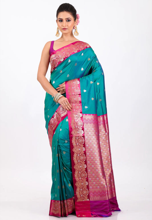 Rama Green with Rani Border Kanjivaram Silk Saree With Blouse Piece