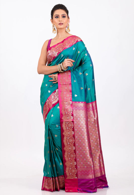Rama Green with Rani Border Kanjivaram Silk Saree With Blouse Piece