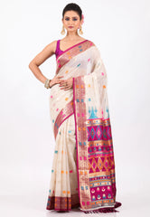 OffWhite with Rani Border Tussar Silk Saree with Blouse Piece - Adi Akshoy & Co.