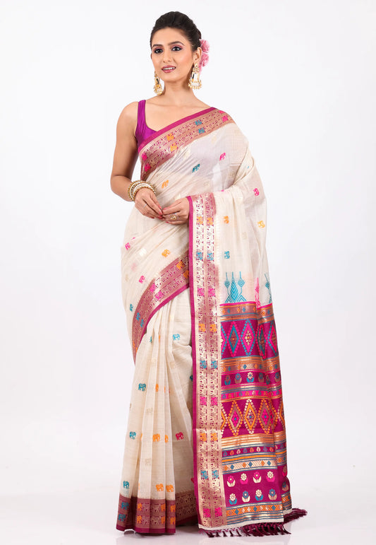 OffWhite with Rani Border Tussar Silk Saree with Blouse Piece - Adi Akshoy & Co.