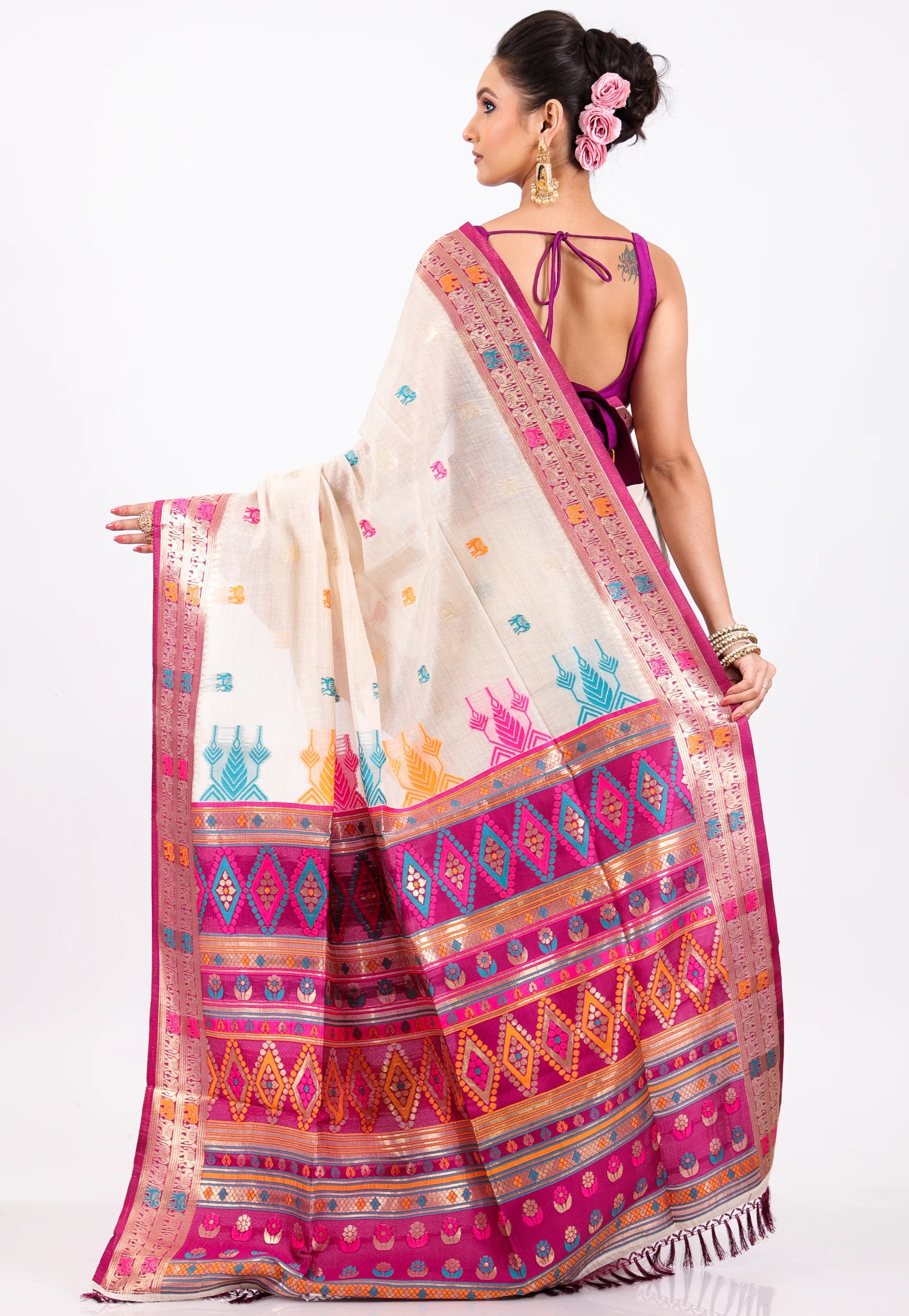 OffWhite with Rani Border Tussar Silk Saree with Blouse Piece - Adi Akshoy & Co.