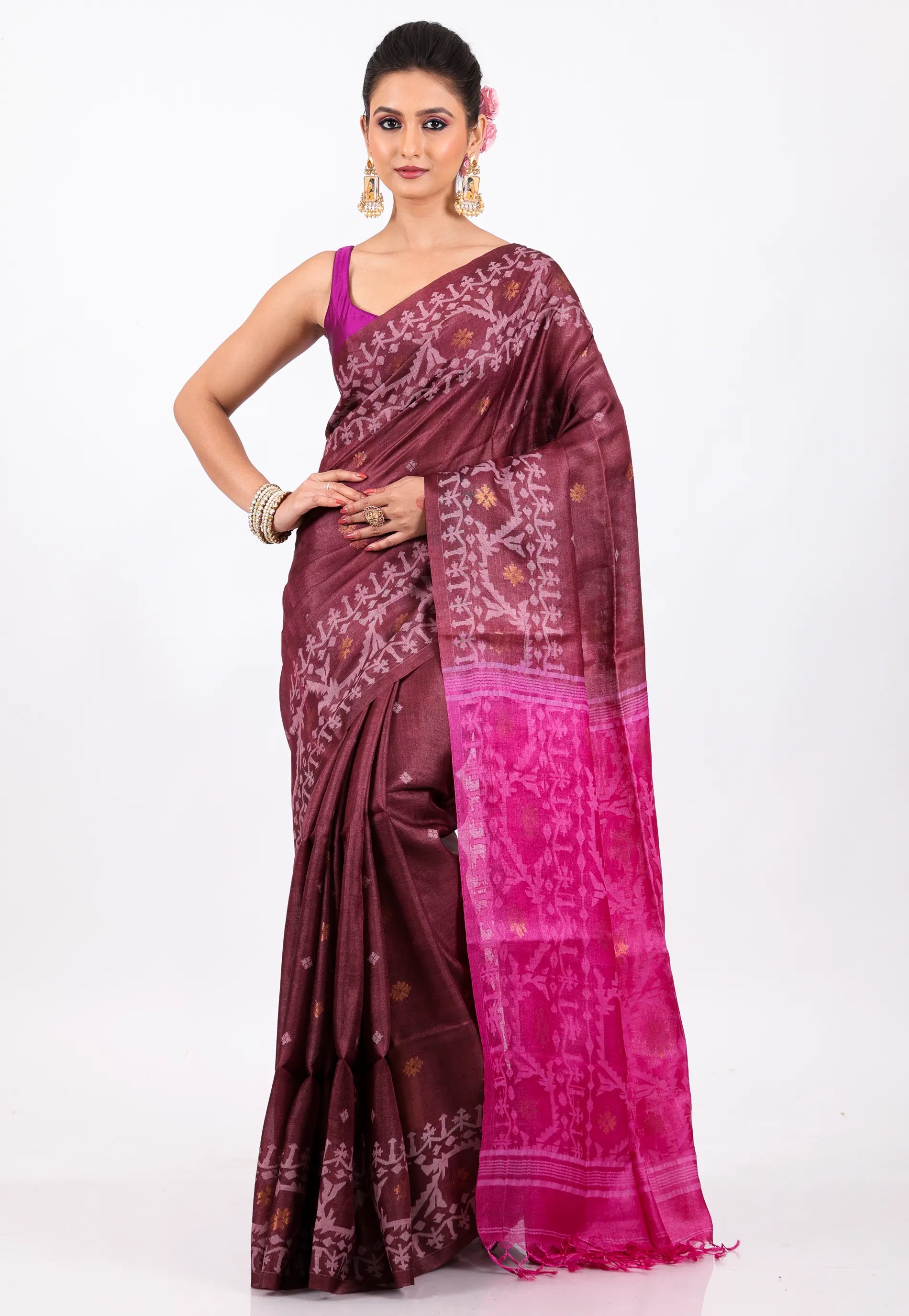Maroon Pure Tussar Dhakai Jamdani Saree with Blouse Piece - Adi Akshoy & Co.