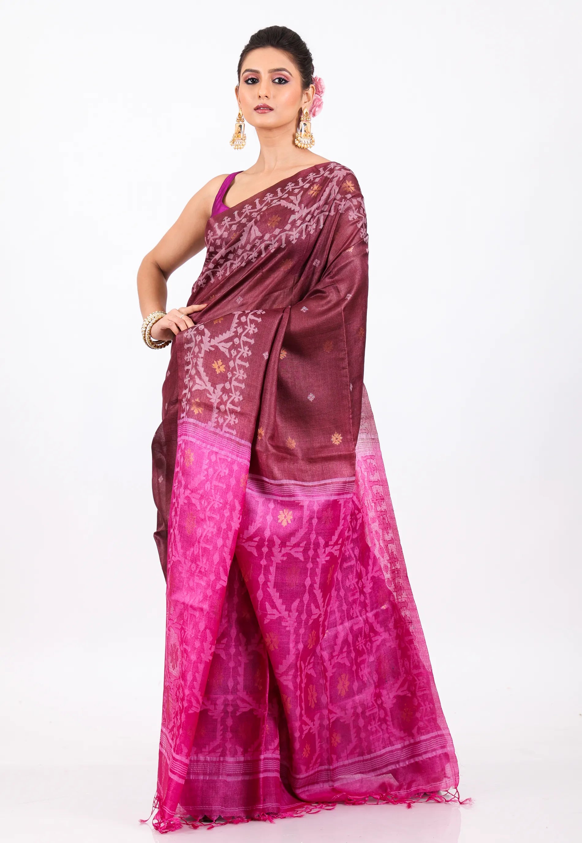 Maroon Pure Tussar Dhakai Jamdani Saree with Blouse Piece - Adi Akshoy & Co.