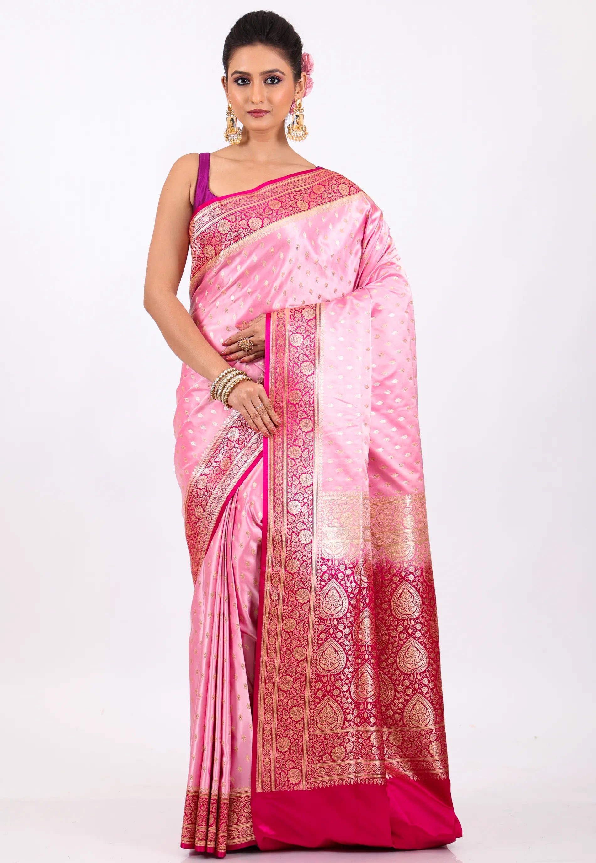 Pink Colour with Rani Border Pastel Banarasi Saree With Blouse Piece - Adi Akshoy & Co.