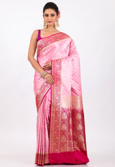 Pink Colour with Rani Border Pastel Banarasi Saree With Blouse Piece - Adi Akshoy & Co.
