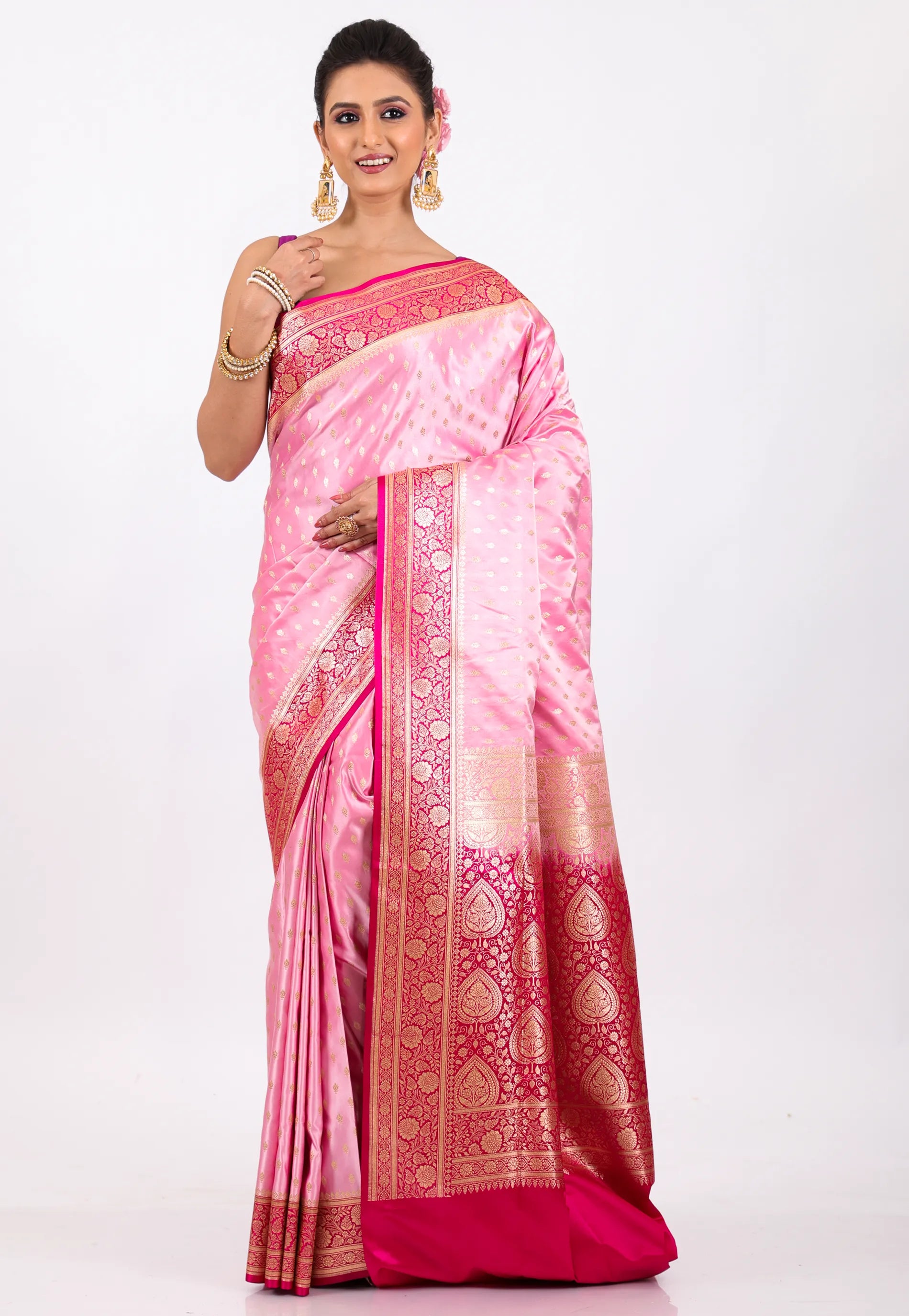 Pink Colour with Rani Border Pastel Banarasi Saree With Blouse Piece - Adi Akshoy & Co.