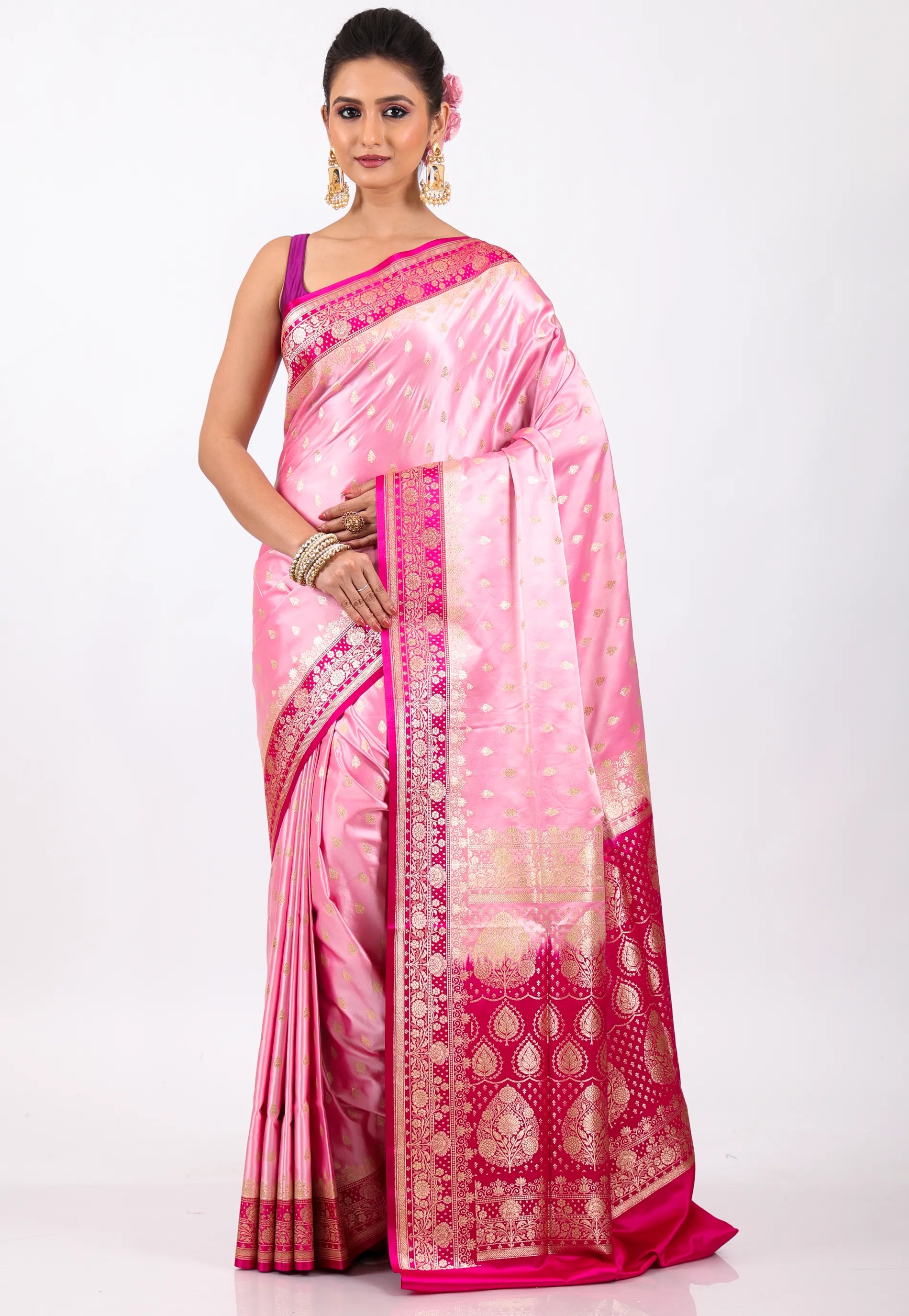 Pink with Rani Border Pastel Banarasi Saree With Blouse Piece - Adi Akshoy & Co.