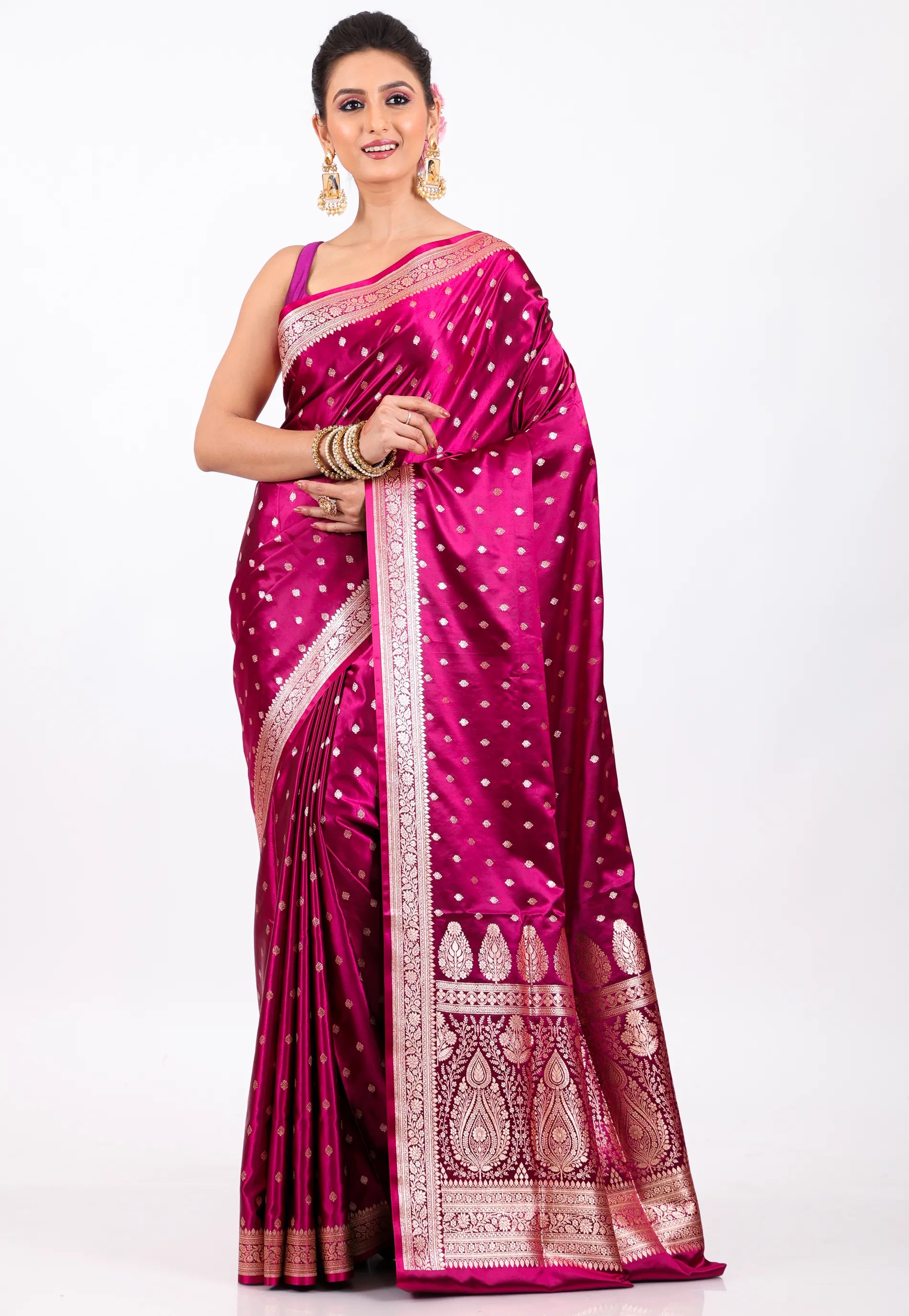 Magenta with Zari work Wedding Banarasi Saree with Blouse Piece - Adi Akshoy & Co.