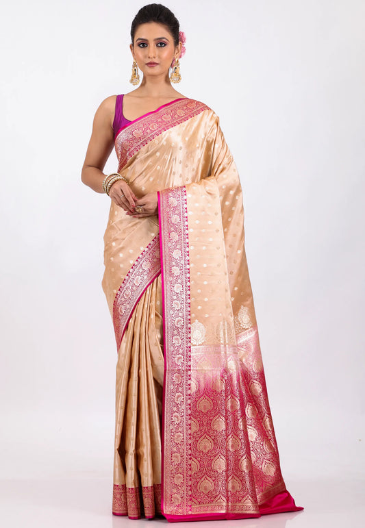 Beige with Rani Border Pastel Banarasi Saree With Blouse Piece - Adi Akshoy & Co.