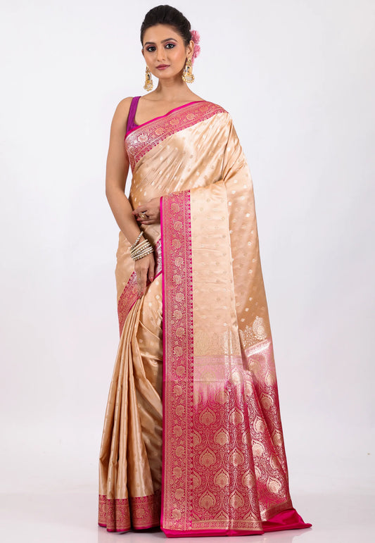 Beige with Rani Border Pastel Banarasi Saree With Blouse Piece - Adi Akshoy & Co.