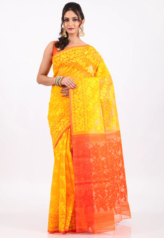 Yellow Dhakai Jamdani Cotton Saree without Blouse Piece - Adi Akshoy & Co.