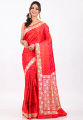 Red with Zari work Wedding Banarasi Saree with Blouse Piece - Adi Akshoy & Co.
