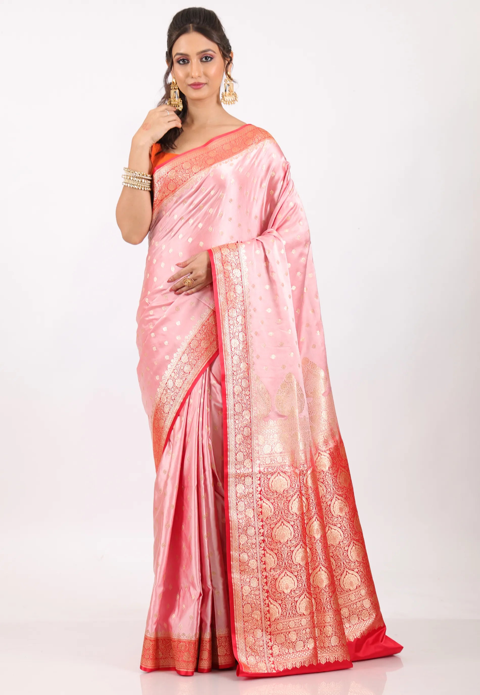Pink with Red Border Pastel Banarasi Saree With Blouse Piece - Adi Akshoy & Co.