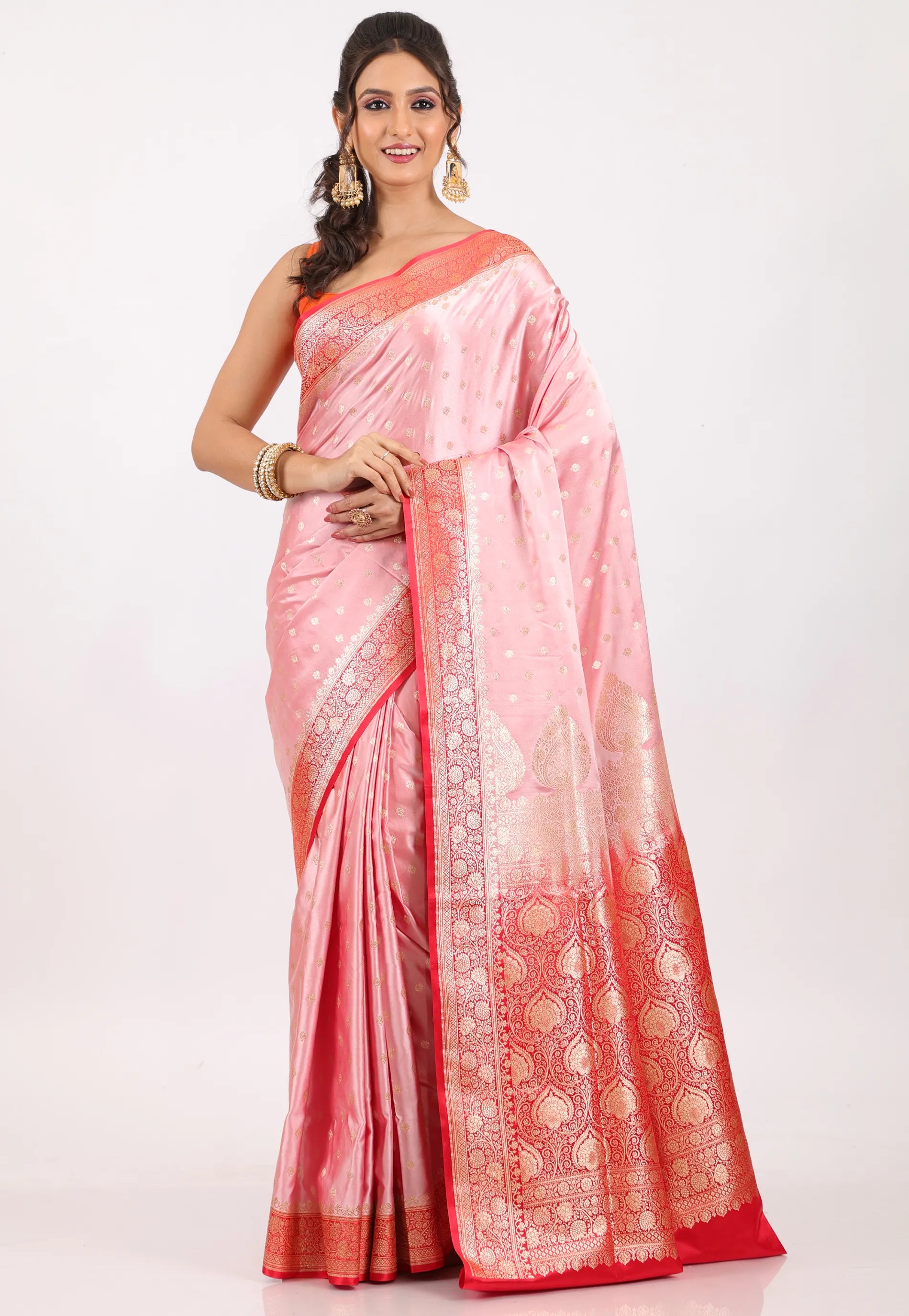 Pink with Red Border Pastel Banarasi Saree With Blouse Piece - Adi Akshoy & Co.