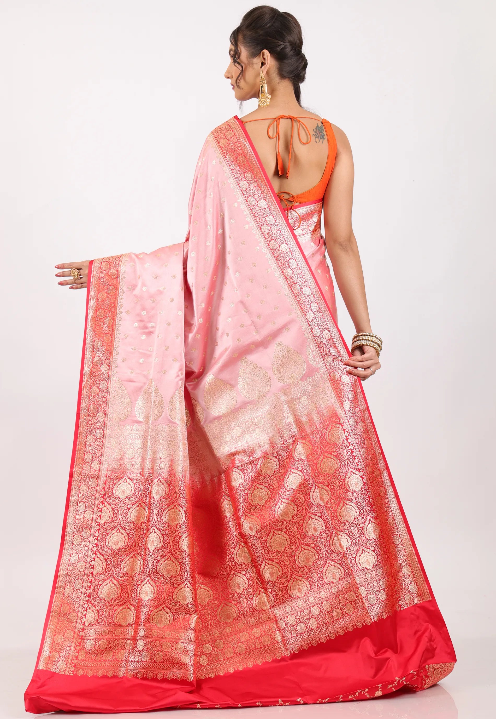 Pink with Red Border Pastel Banarasi Saree With Blouse Piece - Adi Akshoy & Co.