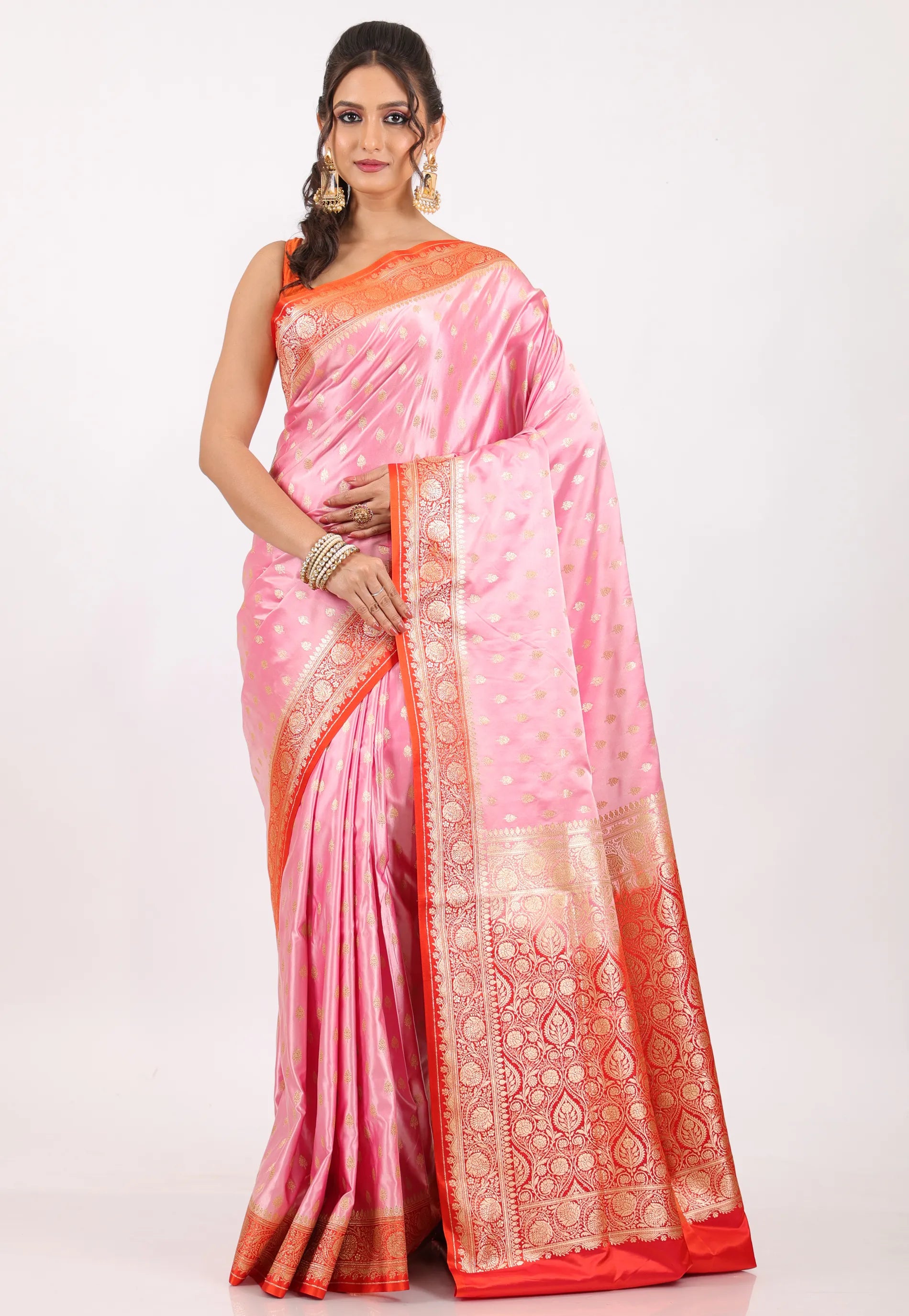 Pink with Red Border Pastel Banarasi Saree With Blouse Piece - Adi Akshoy & Co.