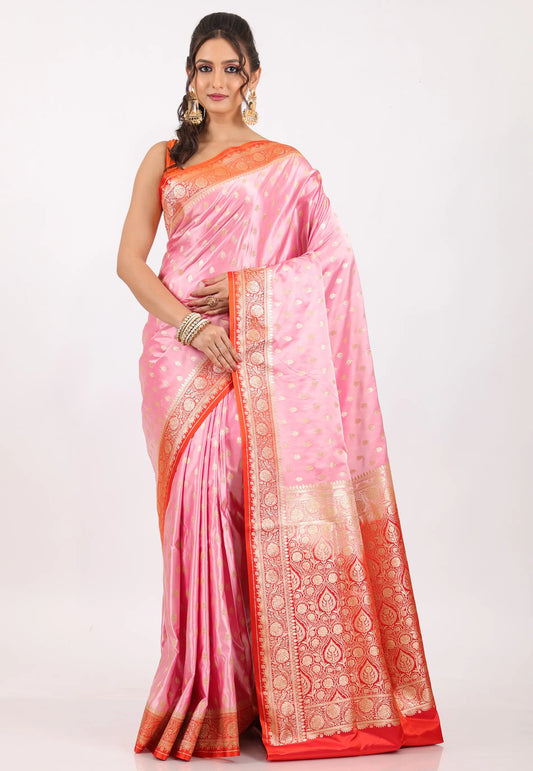 Pink with Red Border Pastel Banarasi Saree With Blouse Piece - Adi Akshoy & Co.