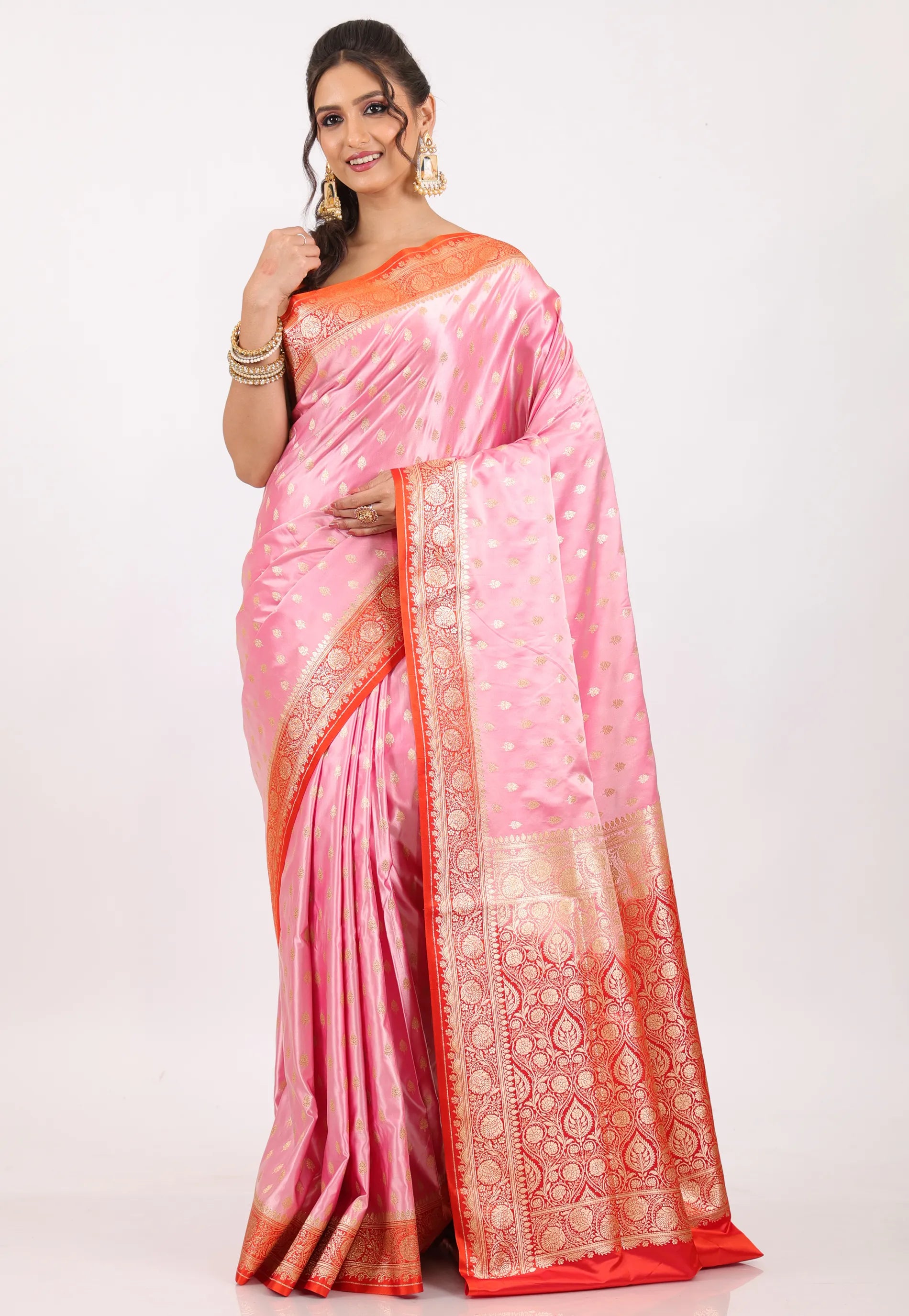 Pink with Red Border Pastel Banarasi Saree With Blouse Piece - Adi Akshoy & Co.