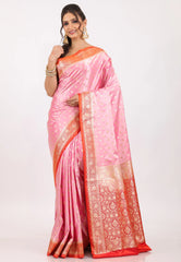 Pink with Red Border Pastel Banarasi Saree With Blouse Piece - Adi Akshoy & Co.