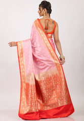 Pink with Red Border Pastel Banarasi Saree With Blouse Piece - Adi Akshoy & Co.