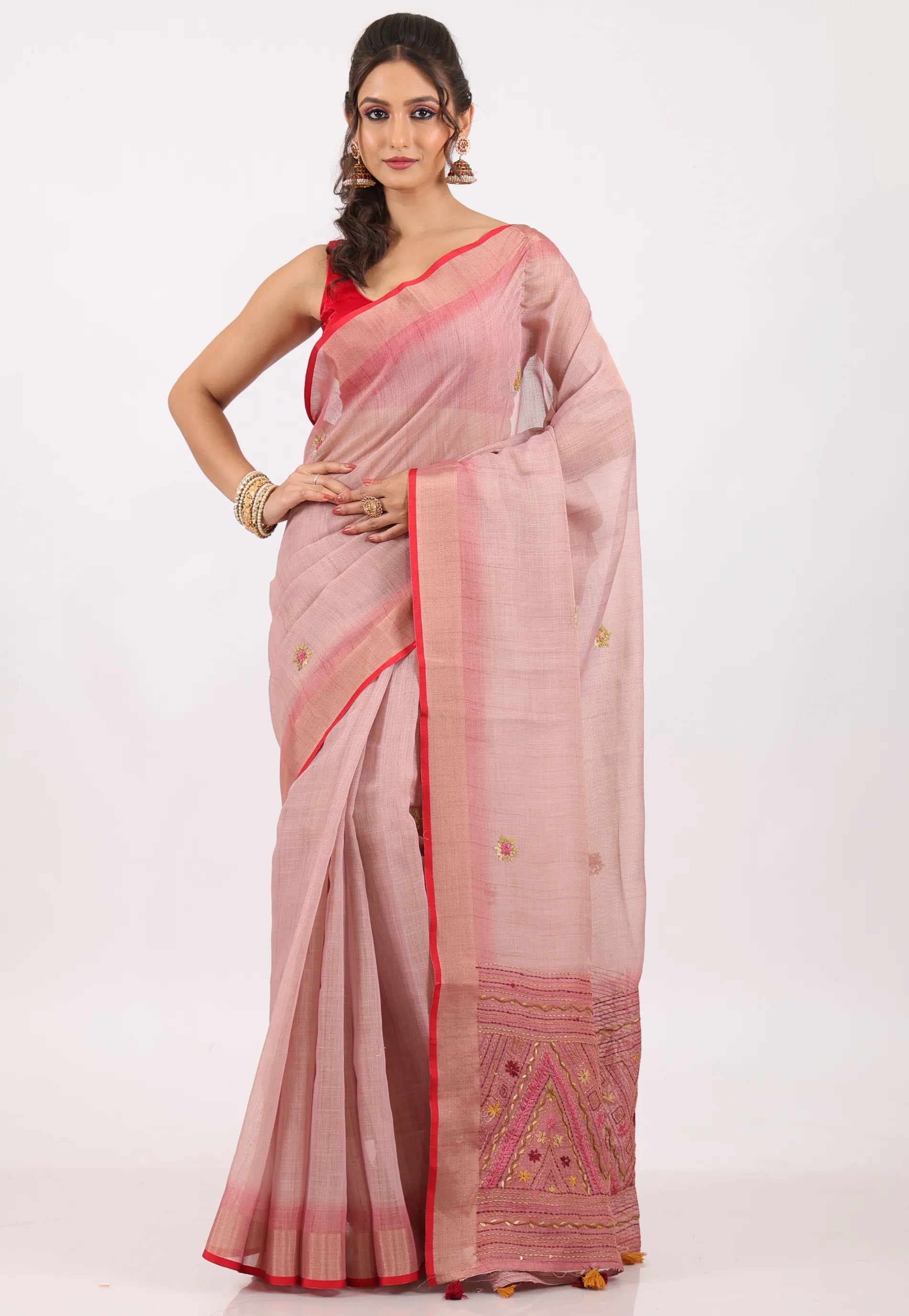 Tussar Colour Handwoven Kantha Silk Saree With Blouse Piece - Adi Akshoy & Co.