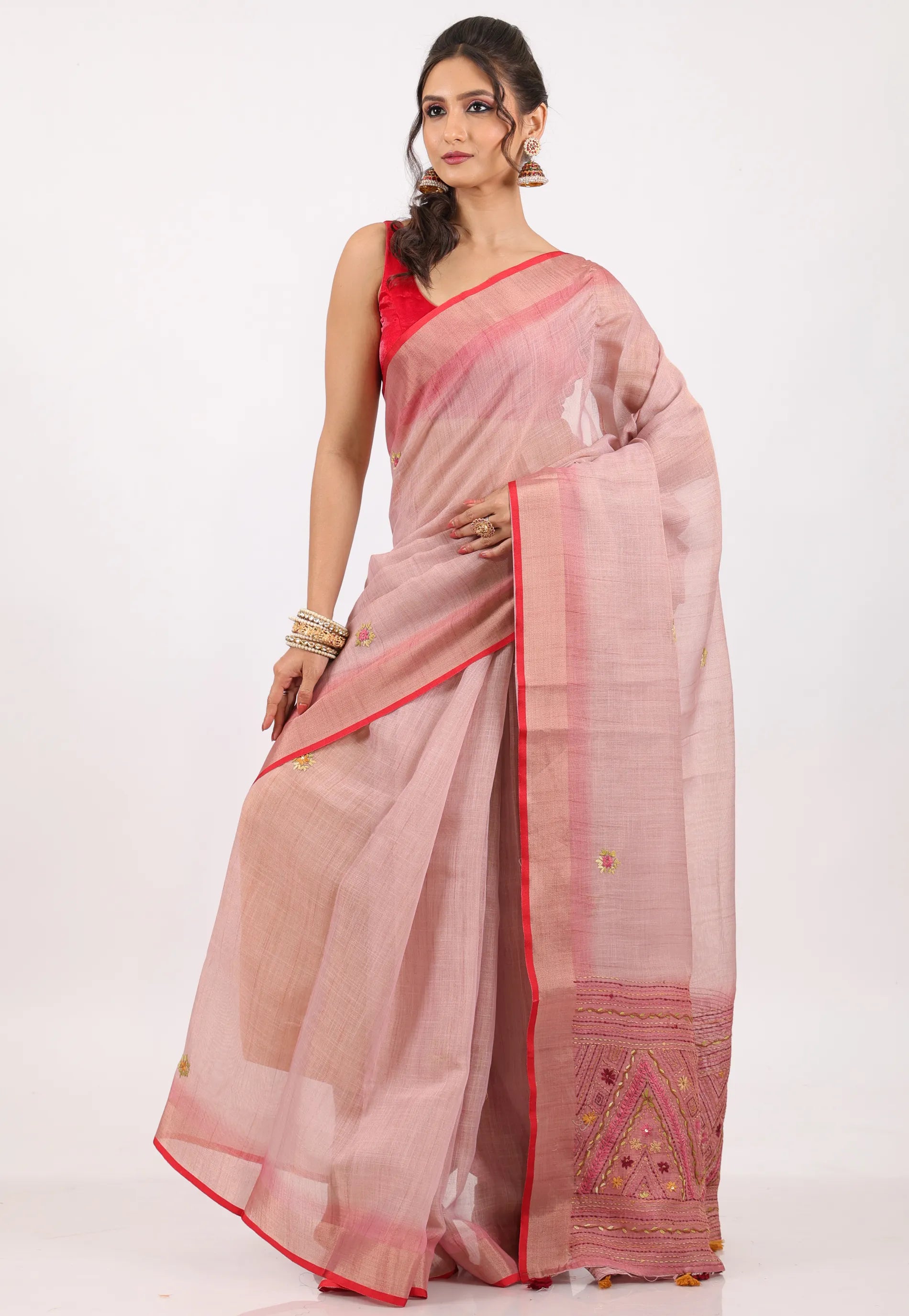 Tussar Colour Handwoven Kantha Silk Saree With Blouse Piece - Adi Akshoy & Co.