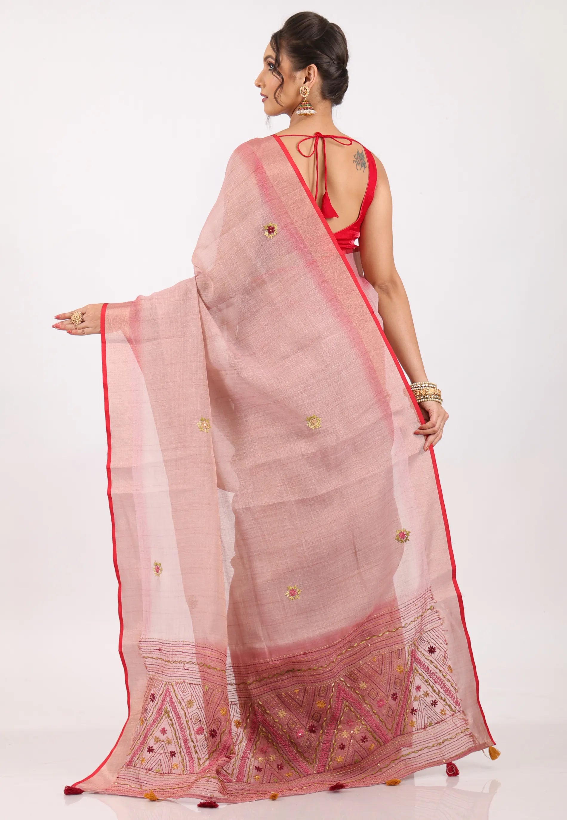 Tussar Colour Handwoven Kantha Silk Saree With Blouse Piece - Adi Akshoy & Co.