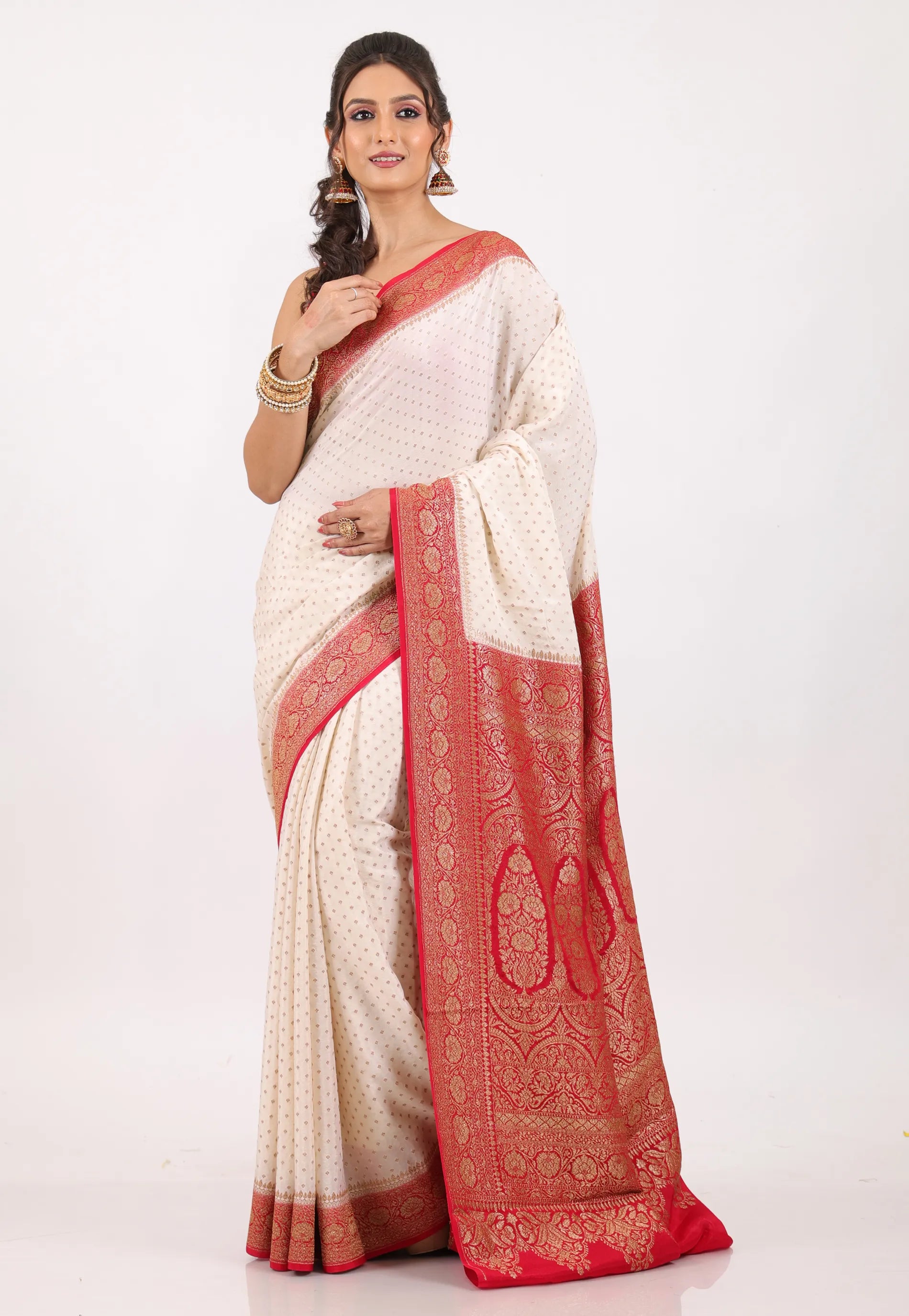 Off White with Red Border Zari work Khaddi Georgette Benarasi Saree with Blouse Piece - Adi Akshoy & Co.