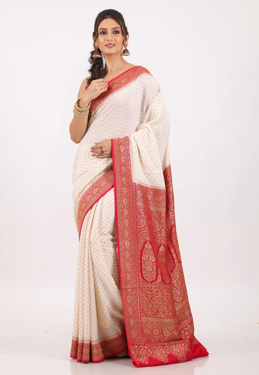Off White with Red Border Zari work Khaddi Georgette Benarasi Saree with Blouse Piece - Adi Akshoy & Co.