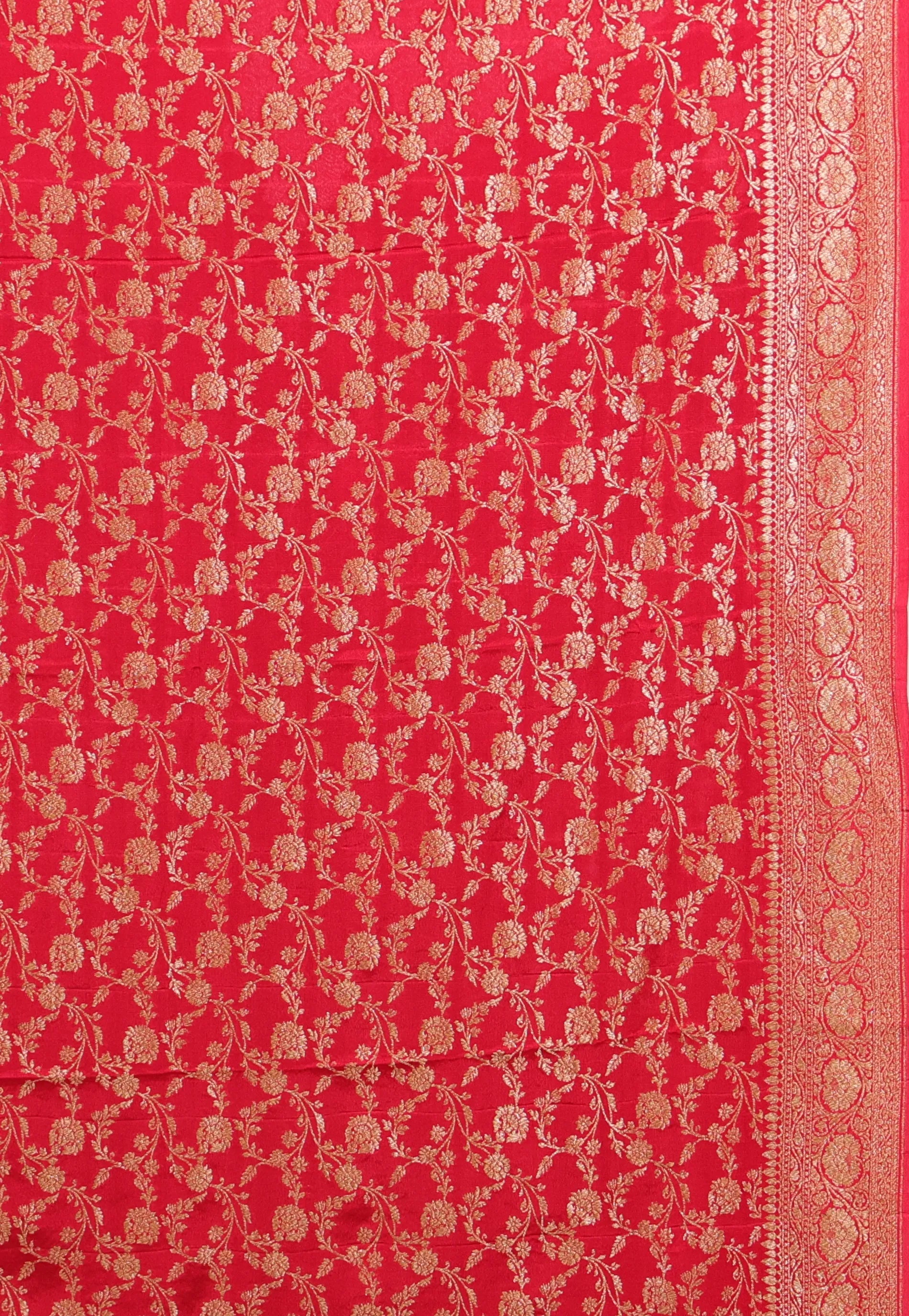 Off White with Red Border Zari work Khaddi Georgette Benarasi Saree with Blouse Piece - Adi Akshoy & Co.