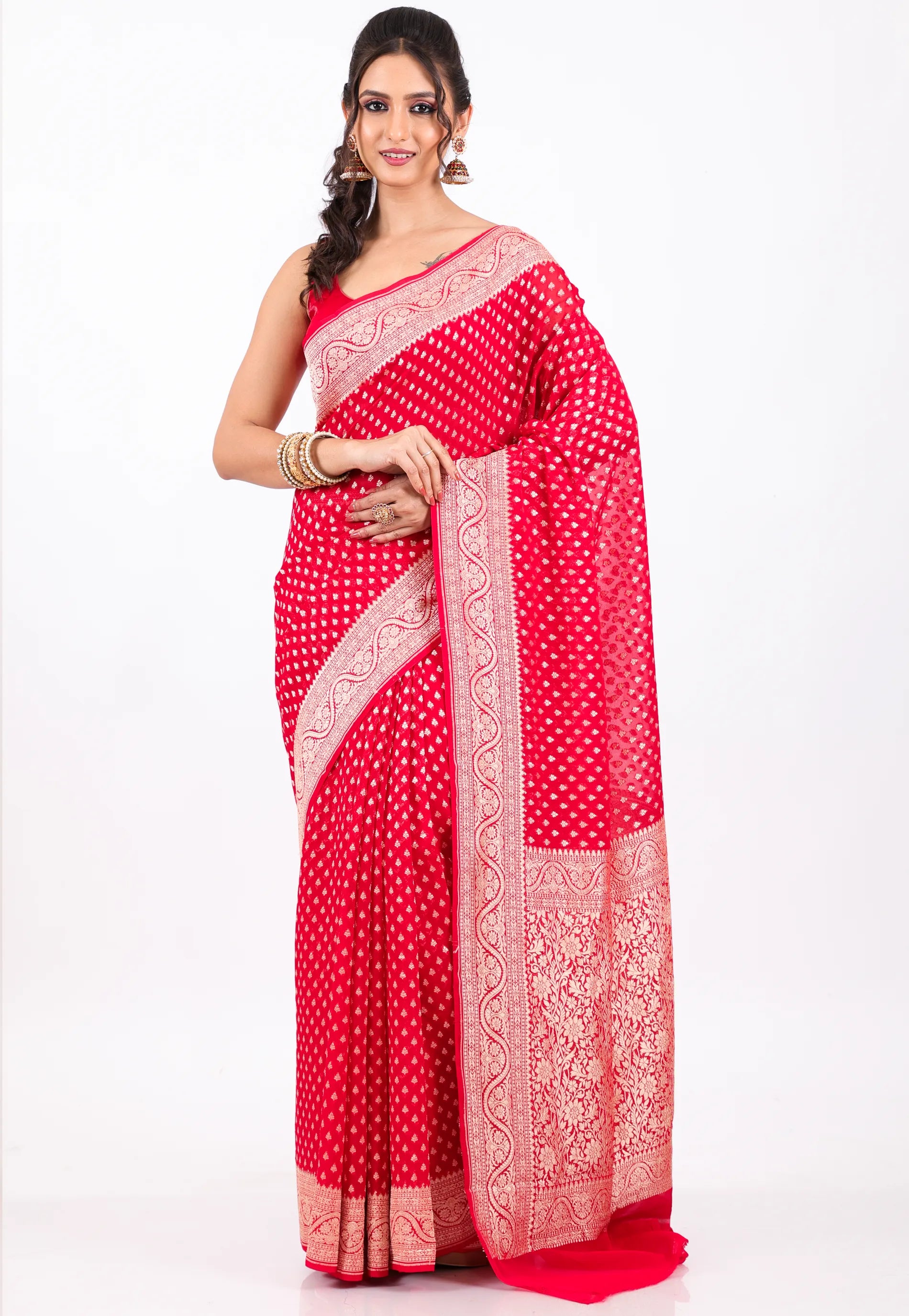 Red with  Zari work Khaddi Georgette Benarasi Saree with Blouse Piece - Adi Akshoy & Co.