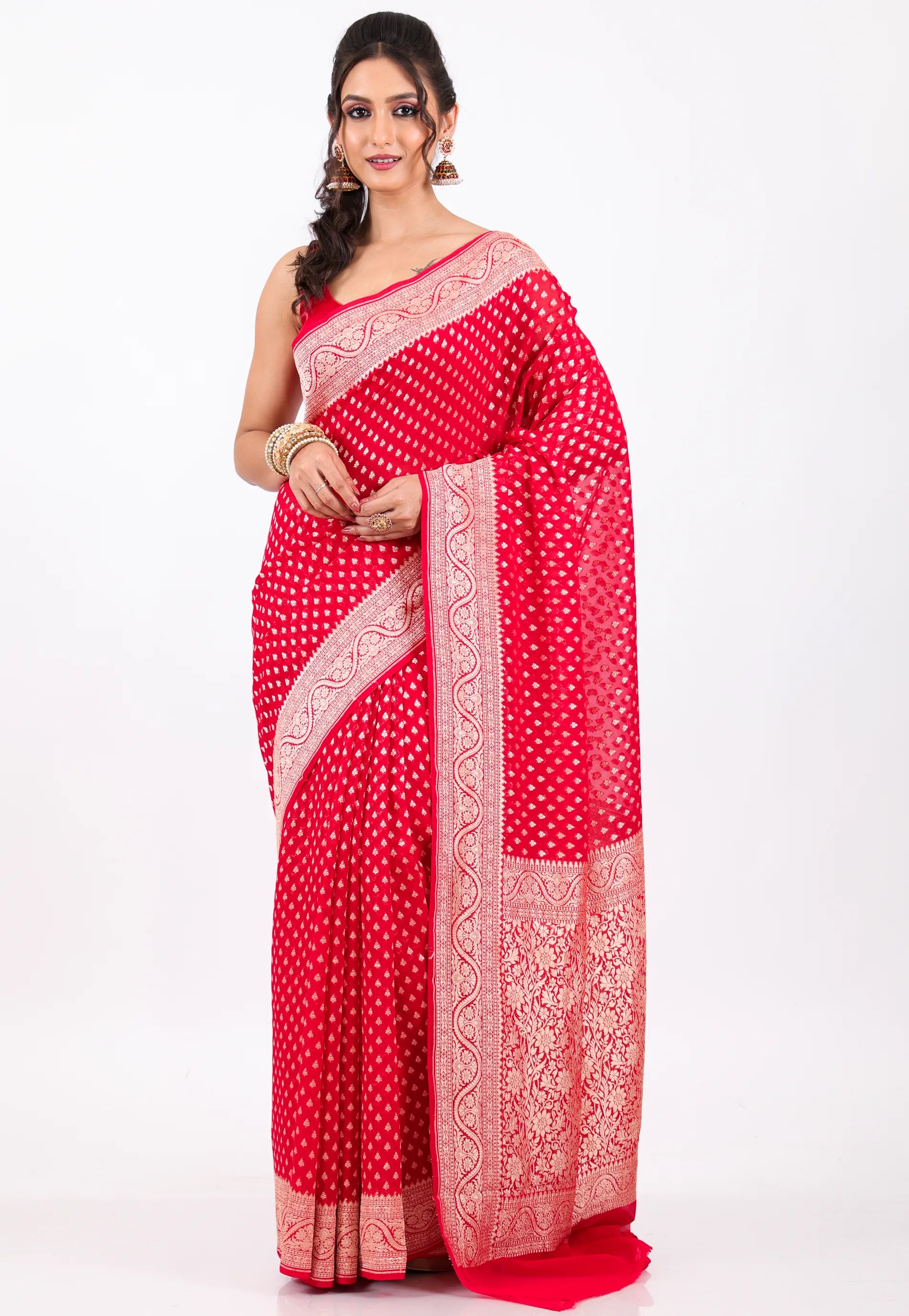 Red with  Zari work Khaddi Georgette Benarasi Saree with Blouse Piece - Adi Akshoy & Co.